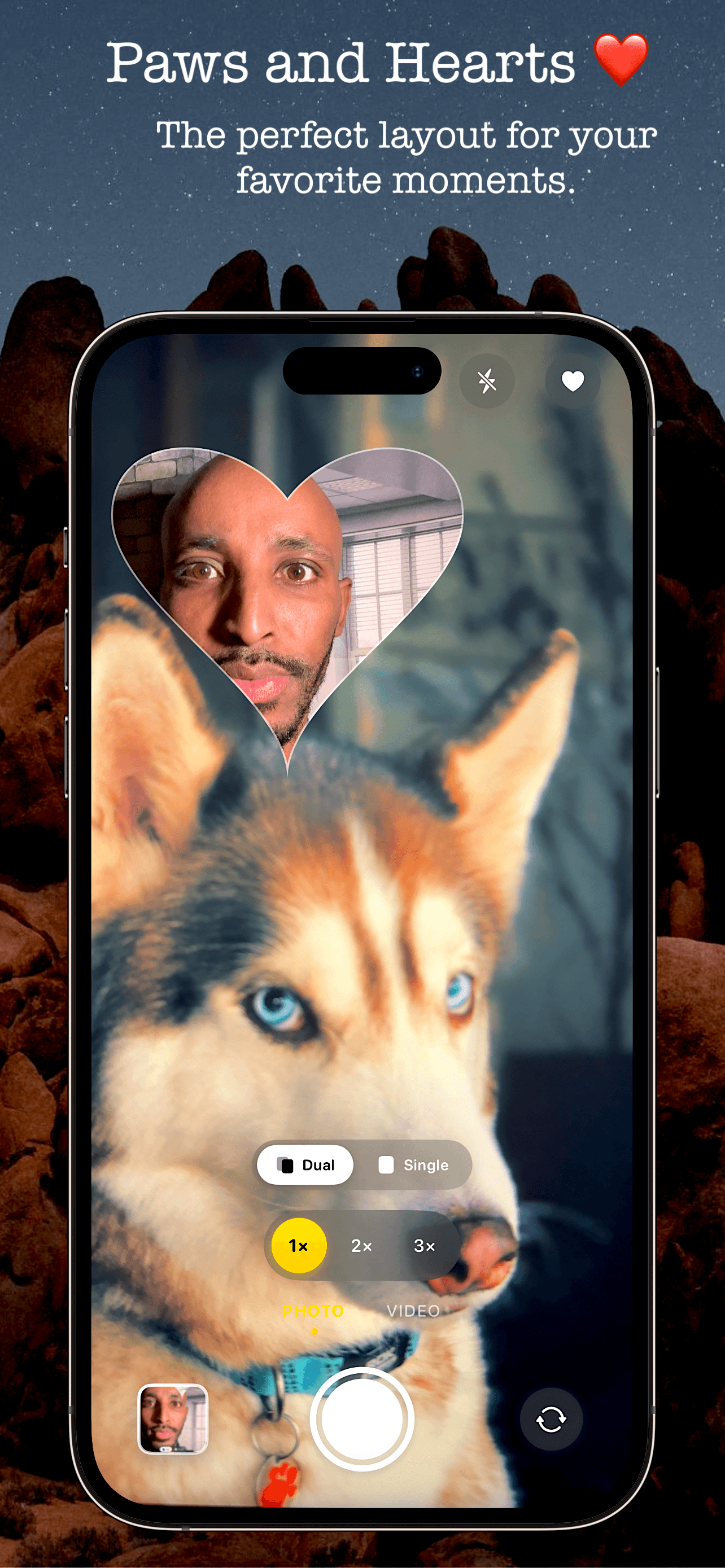 WiseDuo Heart-Shape Layout - Dual camera recording with unique heart-shaped picture-in-picture