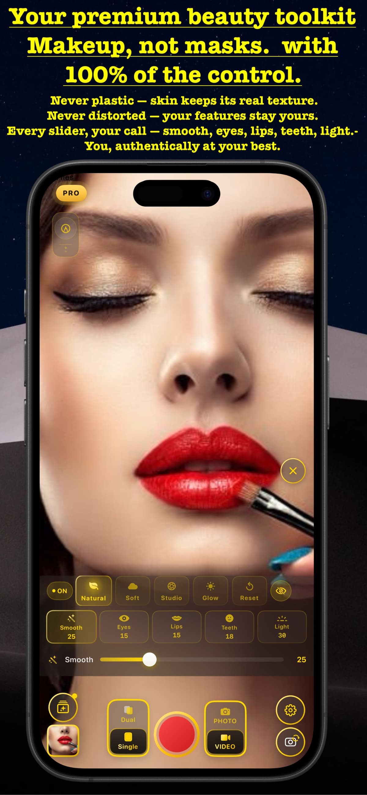 Premium beauty toolkit with smooth, eyes, lips, teeth, and light controls