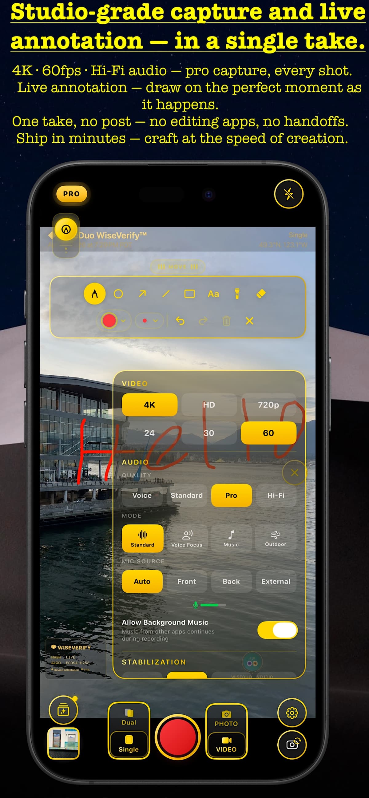 Studio capture settings with 4K/60 video, Pro audio, and live telestration