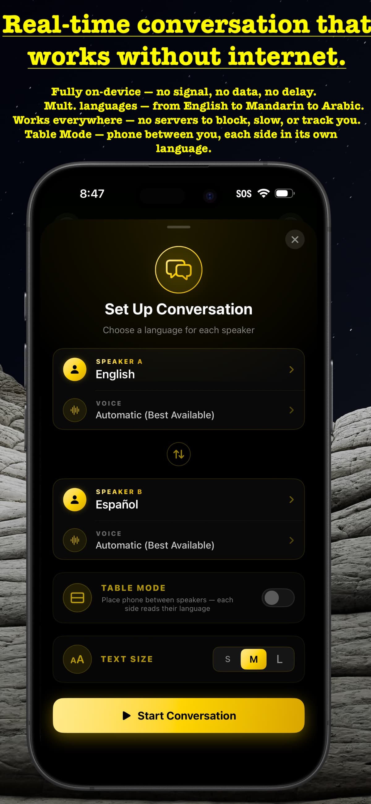 Real-time conversation setup — Speaker A English, Speaker B Español