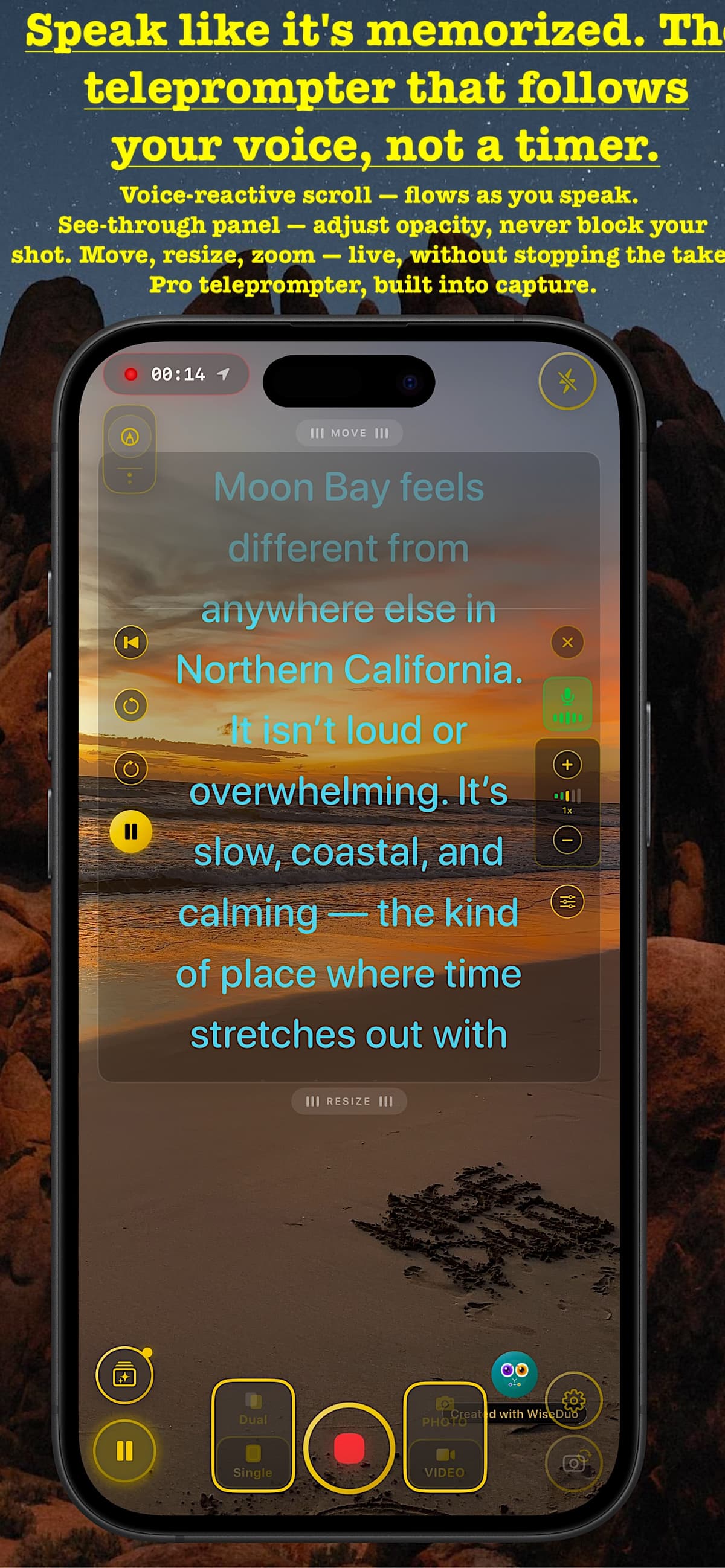Voice-reactive teleprompter overlay on a live shot