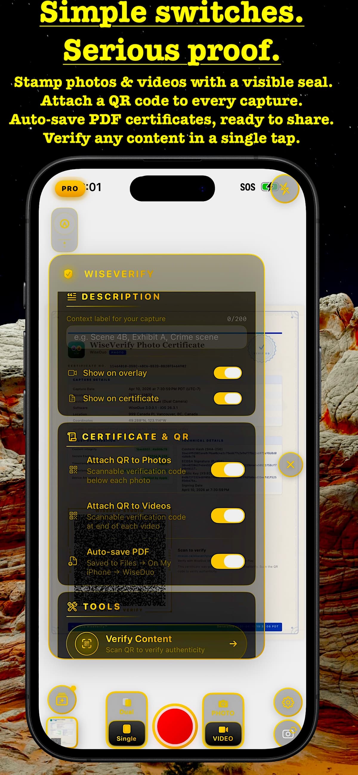 WiseVerify settings — QR, certificate, PDF auto-save