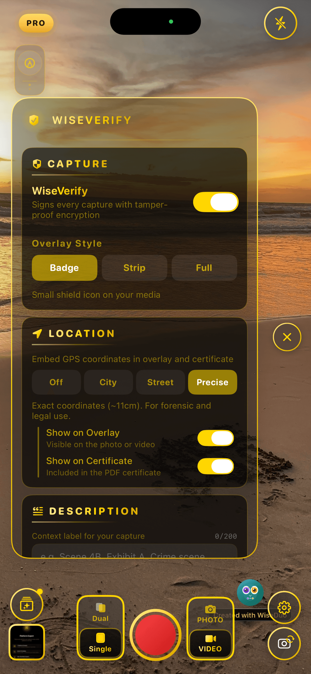 WiseVerify capture settings: signing, overlay, location