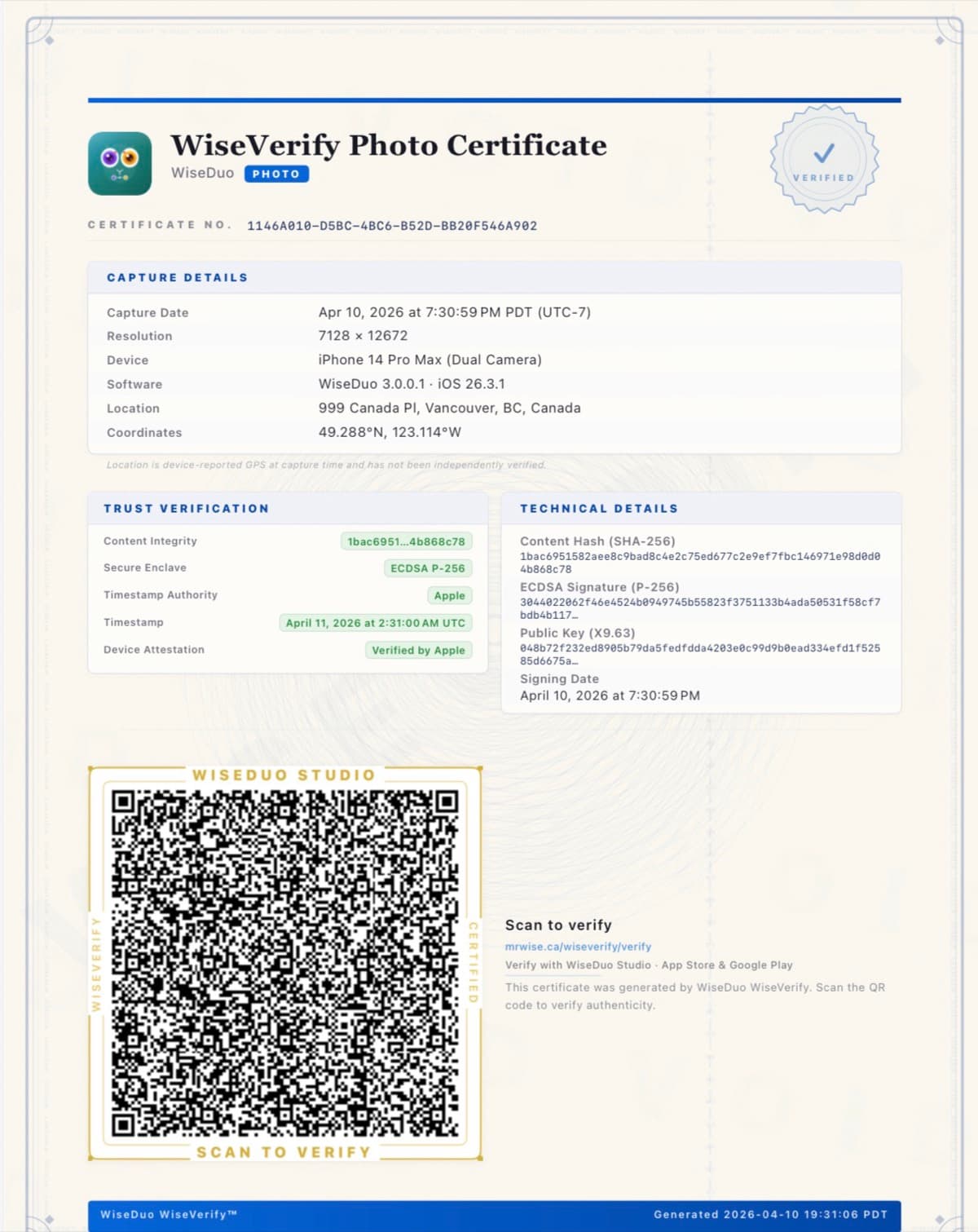 WiseVerify Photo Certificate showing capture details, trust verification, and QR code